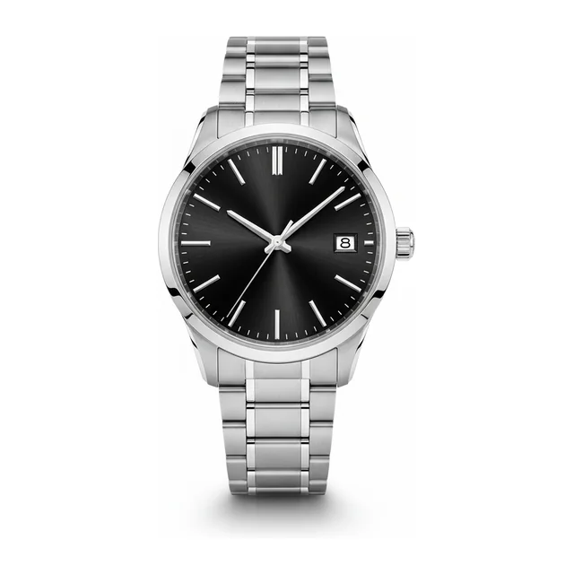 Luxury steel watch with a black dial - reference image